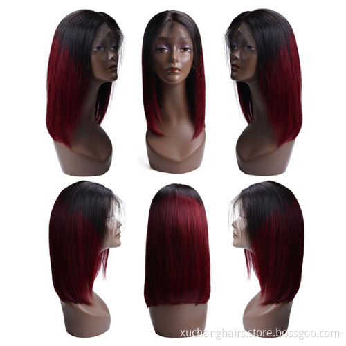 180% density Glueless Remy Peruvian Human Hair ombre Dark Red 99j Lace Front Short Wavy Bob Wig